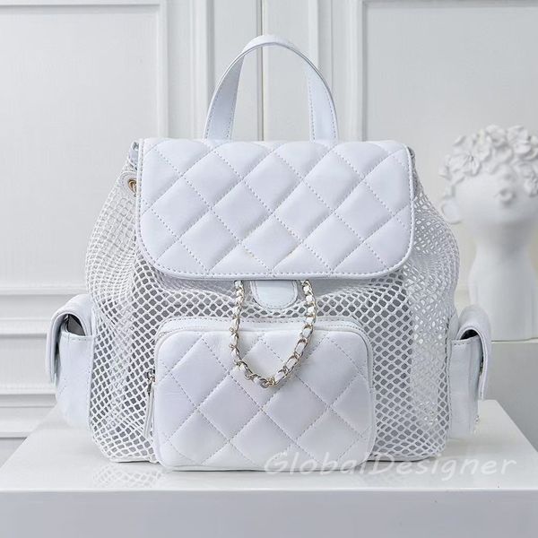 

designer women shoulder bags 25ss hollow mesh backpack bag genuine leather large fishnet crossbody bag diamond lattice brand lady chain straps high quality purse 7A, White