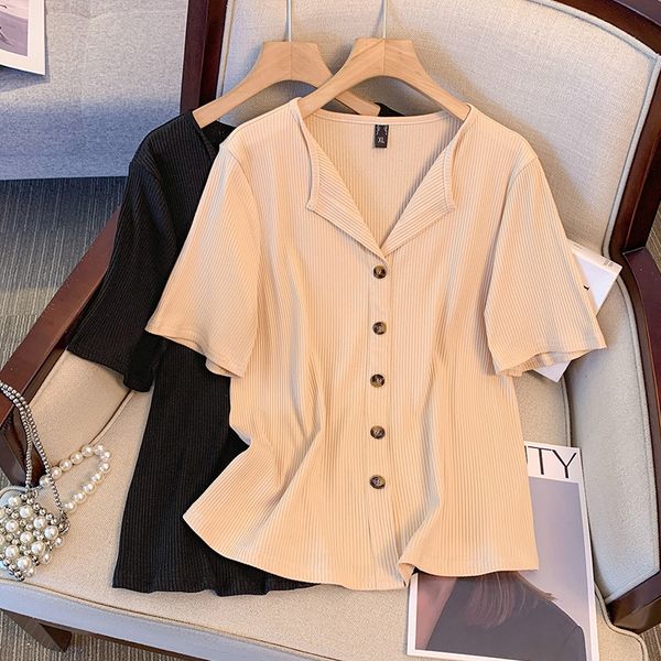 

Plus size, plus size deep V-neck top chubby mm forest style summer women's shirt with a belly covering and slimming effect 3370, Apricot