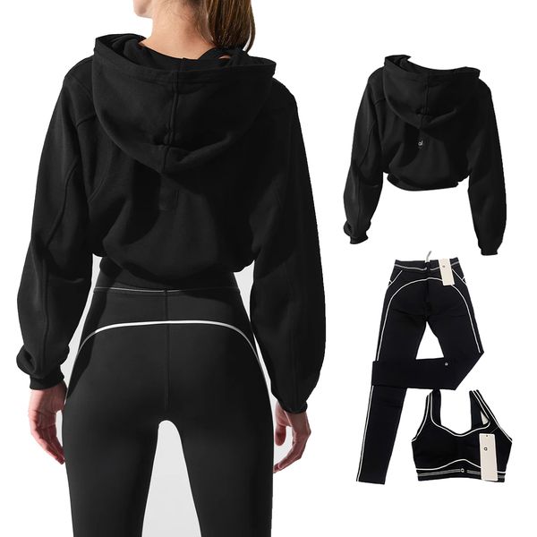 

Kendall Same women clothes Short Zipper Hooded Yoga Outfit Sweatshirt Casual Hooded Cardigan High Waist Skinny studio to street Yoga Striped alosetly sets, A pair of socks.