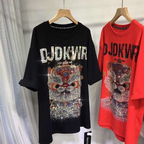 

Plus Size Men's Clothing Heavy print Rhinestone Short Sleeve Red Dragon Loose Thickened Brushed Top fashion T-Shirt for men, White