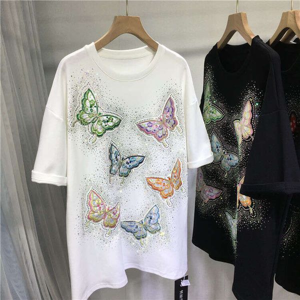 

Plus Size t-shirtfashion Heavy Embroidered Men'sClothing Rhinestone Butterfly Round Neck Fashionable Slimming Wholesale Short Sleeve T-Shirt for men, Black