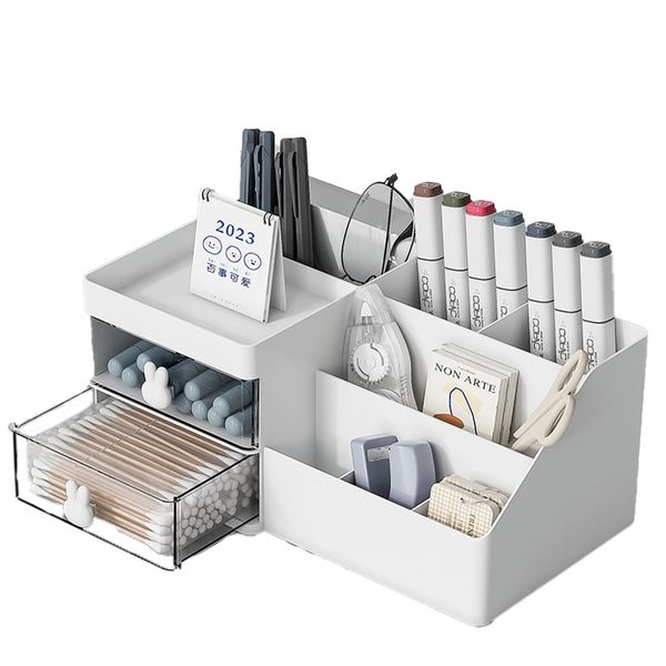 

Office Desktop Transparent Storage Rack with Cosmetic Compartment Design, White