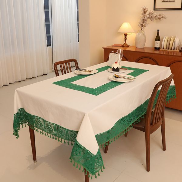 90074 Pure color plaid tassel natural plain cotton and linen tablecloth cover cloth white tablecloth dustproof coffee table piano cover towel