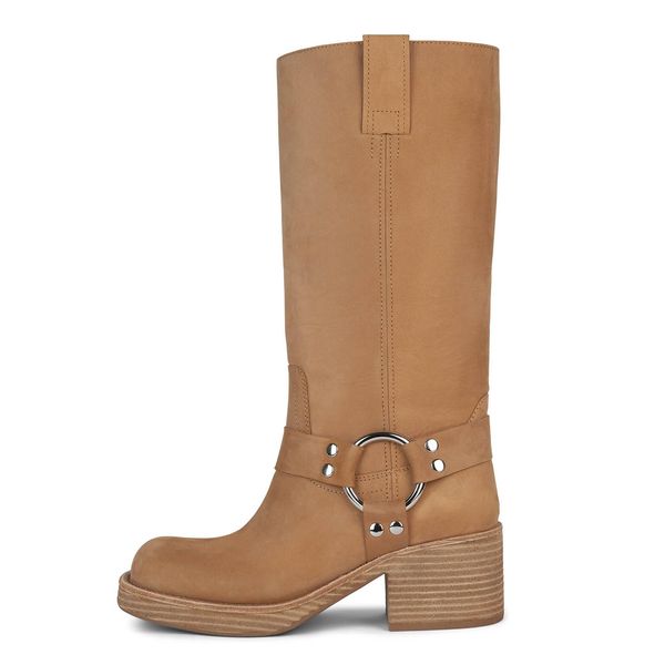 arqa womens studds biker boots chunky heel square toe knee high boots side zipper western boots fall dress riding boots motorcycle boots