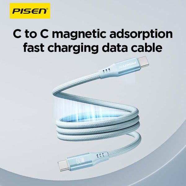 Pisen 40 inch Magnetic Fast Charging Cable USB-C To C 60W PD Quick Charge For Apple 15 Series Nylon Braided Durable Auto-Attach Storage