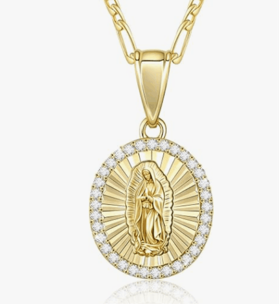 

Gold Necklaces Designer Women 14K Gold Plated Virgin Mary Necklace Cubic Zirconia Virgen Diamond Pendant Necklace for Women Bijoux Luxe