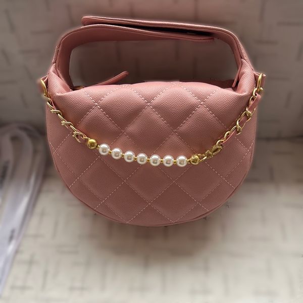 

Shoulder Bag Women Handbag Luxury Designer Pink Purse Half Moon High Quality Genuine Leather Cowhide With Gold Pearl Chain Hand Bags Designer Handbags Crossbody Bag