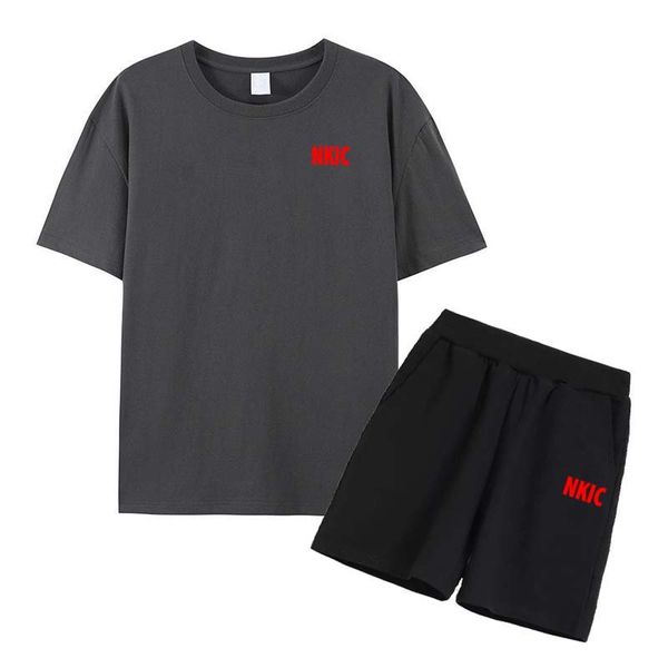 

Summer Men's Two-Piece Set of Fashionable Casual Brand Clothing Short Sleeve Cotton T-Shirt and Drawstring Shorts Sports Set Plus Size S-2XL, Navy blue