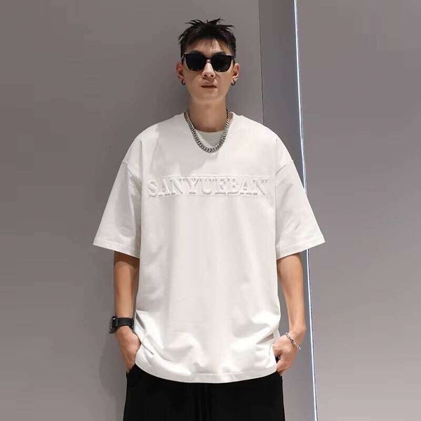 

100% Cotton Clothing Top T-Shirt 3D Towel Embroidery Short Sleeve O-Neck 240g Fitted, Black