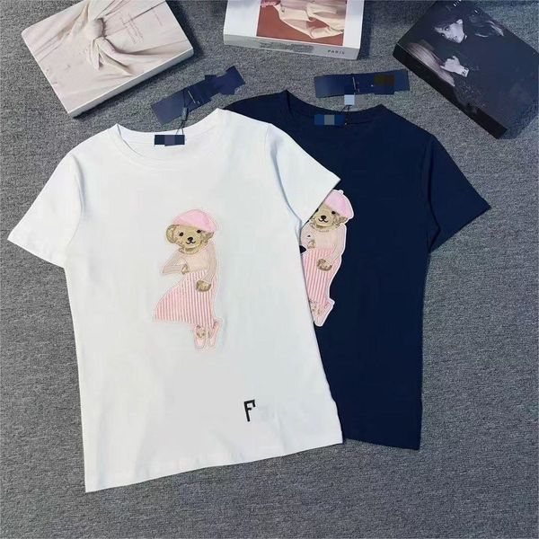 

Women's T-Shirt Designer Round neck teddy bear cartoon casual loose Korean short sleeved T-shirt, Black