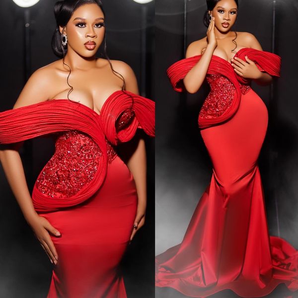 Red Mermaid Prom Dresses 2025 Lace Crystals Satin Stylish Evening Formal Party Second Birthday Engagement Gowns Plus Size Dress For Special Occasions