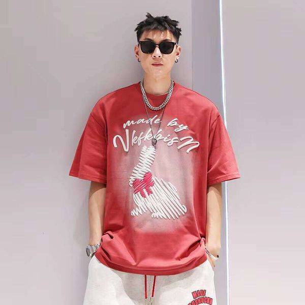 

240g Letter Print 100% Cotton Heavyweight Short Sleeve Summer T-Shirt Loose Fit Gym, Red