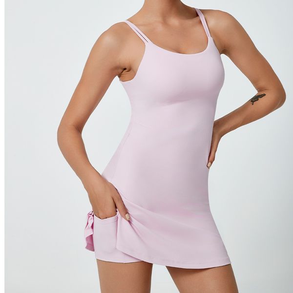 

round neck camisole tennis skirt set with twist design back builtin shorts, Bule