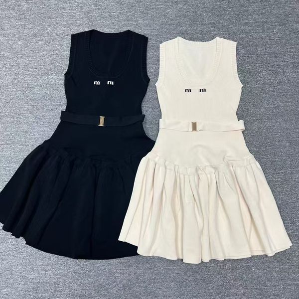 

Casual Dresses DesignerAdvanced color blocking patchwork striped U-neck cake puffy skirt sleeveless knitted pleated short skirt, M1