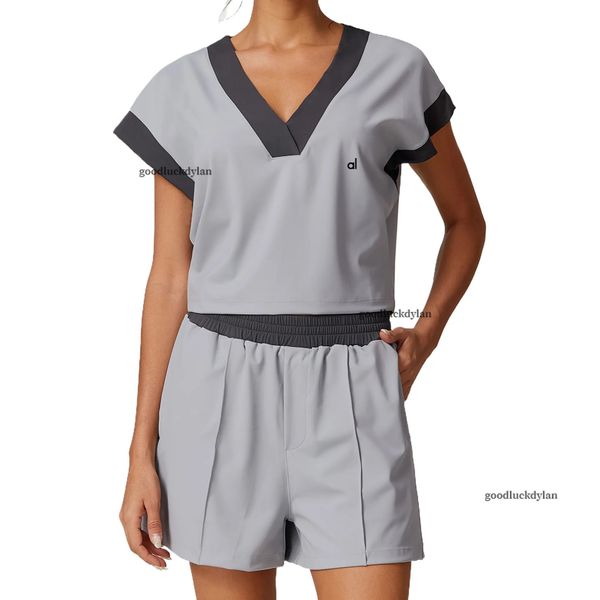 

alocardio 5A Quality Fitness Clothing Outdoors Women V-neck Sleeveless Loose-Fit Sports Top Shorts Set Black Grey white, Grey shorts