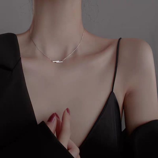 

Diamond Necklace Women 925 Strling Silver Women Necklace Designer 18K Rose Gold Plated "One" Geometry Collarbone Chain Necklace Bijoux Luxe