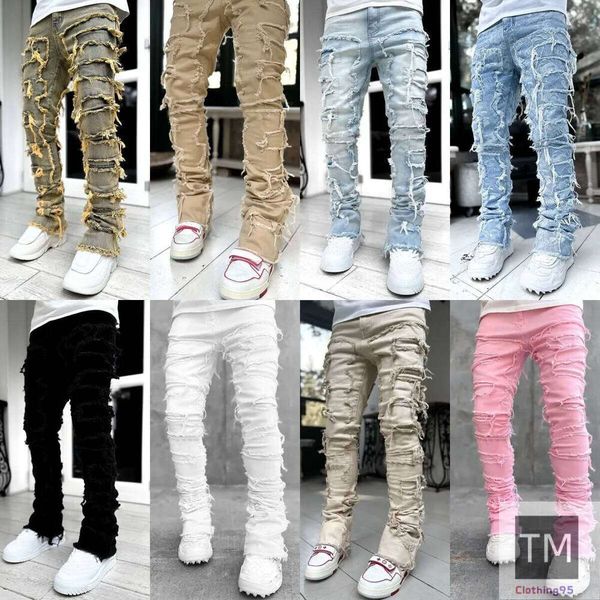 

designer ksubi Men's Loose pants high waist mens Jeans stack Ripped High Street Retro Paint Spot Patch Hole Denim Streetwear silm Feet jeans size 28-40, A3011