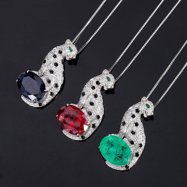 

S925 Silver Faux Colored Gemstone Leopard Shape Pendant Necklace, 12x16mm Main Stone Design, Fashion Luxury Women's Jewelry, Perfect for Any Occasion