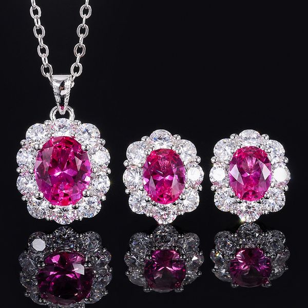 

S925 Silver Faux Magenta Egg Fashion Pendant Earring Set, 810mm Pendant, 68mm Earrings, Perfect for Weddings and Special Occasions, Ideal for Women, Red