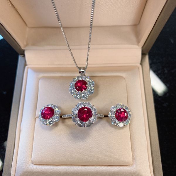 

S925 Silver Vintage Faux Ruby Solitaire Ring, Earrings, and Pendant Set, 7mm Ruby Jewelry, Perfect for Weddings and Special Occasions, Elegant Classic Design, Red