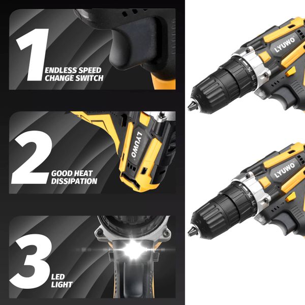 Drill Electric Cordless 10Mm Rechargeable Screwdriver Lithium Battery Household Multi-Function 2 Speed Power Tools