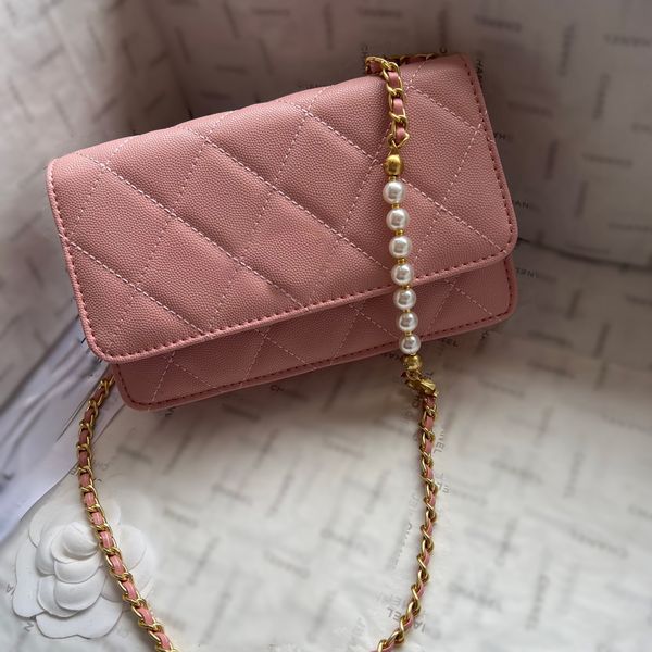 

Designer Shoulder Bag Women Pink Handbag Half Moon Makeup Bag High Quality Genuine Leather Cowhide Gold Pearl Chain Lady Mini Designer Crossbody Cross Body Bag