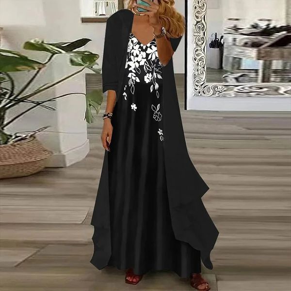 Chiffon Cardigan 2 Piece Camisole Dress Elegant Autumn Half Sleeve Draped Evening Dresses Women Suit New