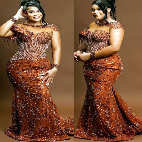 Brown Mermaid Prom Dresses 2025 Beaded Crystals Floral Lace Sparkly Evening Formal Party Second Birthday Engagement Gowns Plus Size Dress For Special Occasions