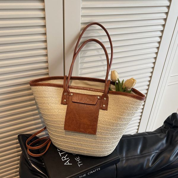

Hot Free Shipping Lafte Grass Hand Woven Straw Woven Tote Bags for Women Shoulder Raffia Bag Rattan Large Shopping Basket Beach Bag Luxury Crochet Handbag Tote Bag10, Khaki