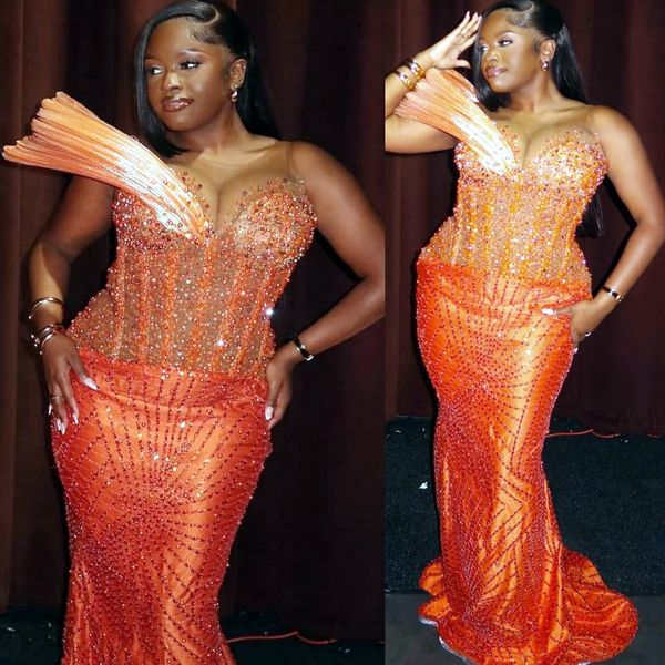Orange Mermaid Prom Dresses 2025 Beaded Sheer Neck Sequined Evening Formal Party Second Birthday Engagement Gowns Plus Size Dress For Special Occasions