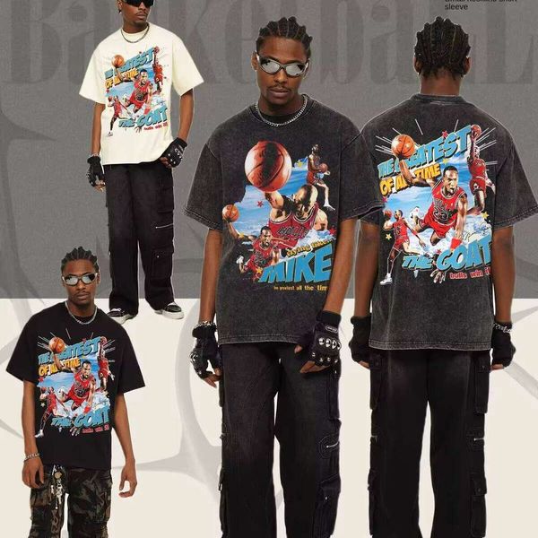 

300g American Thick Crew Neck Jacket Men and Women Short Sleeve Casual Printed Small Collar 100% Cotton T-Shirt, Black short sleeve