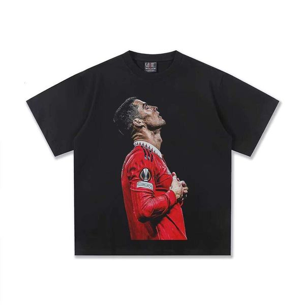 

2025 Ronaldo Football Unisex Crossover Short Sleeve Shirt Heavy Small Neck Straight Spray Print T-Shirt, Washed black short sleeve