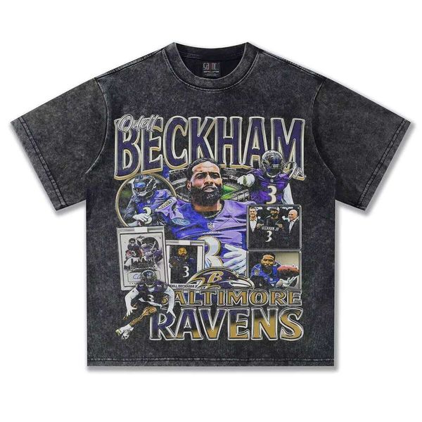 

American Football OBJ Direct Injection Print 100% Cotton Heavy Wash Men's and Women's Short Sleeve 300g Fitted T-Shirt, Washed black short sleeves