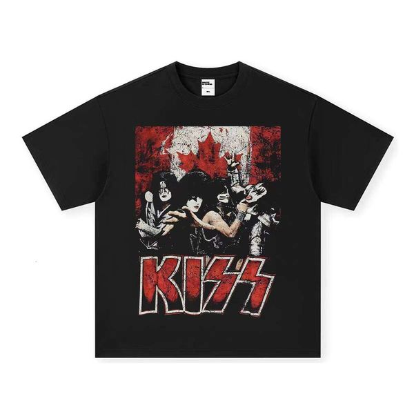

Kiss Rock Band Short Sleeve Heavy Wash American Style 100% Cotton Unisex Oversized T-Shirt, Washed black short sleeve small