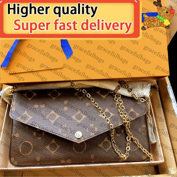 

Designer Bag Fashion Luxury Bag Women's Shoulder Bag Classic Old Flower Leather Removable 3 in 1 Crossbody High Quality Retro Metal Chain Wallet Black Embossed Purse, #23