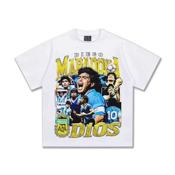 

2025 Spring/Summer New Maradona American Style T-Shirt Small Collar Short Sleeve Thick Washed Vintage 100% Cotton, White short sleeve