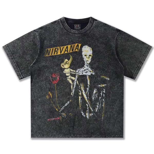 

Nirvana 2025 Oversized T-Shirt Casual Style Small Neckline Rock Band Design 300g Knit Spring Summer O-Neck Letters, Apricot