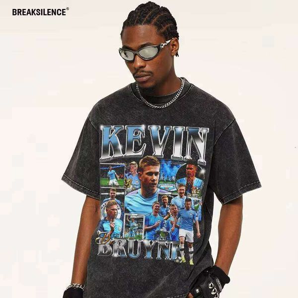 

2025 De Bruyne Hip-Hop T-Shirt Small Neck Oversized Heavy Wash Direct Print Short Sleeve American Football Knit, Washed black short sleeve