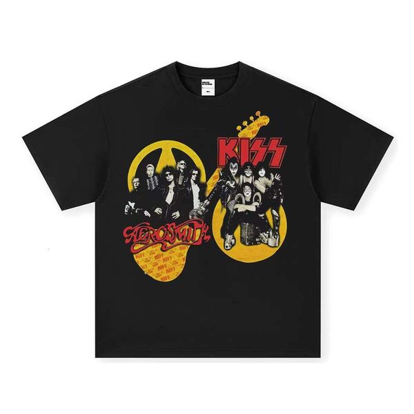 

Kiss Rock Band Heavy American Street Washed 100% Cotton Short Sleeve Loose Knit T-Shirt Small Neck Digital, Black short-sleeved (small neckline)