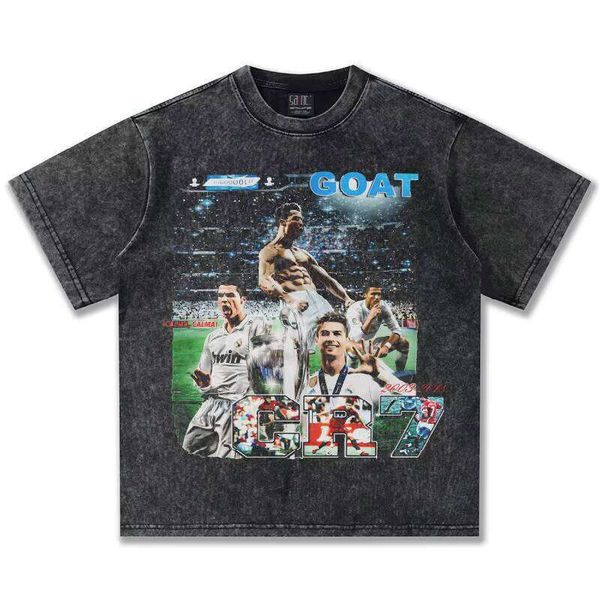 

CR7 Football Heavyweight 100% Cotton American Style Fashion Vintage Short Sleeve Washed Look Oversized Fit T-Shirt, Black short-sleeve
