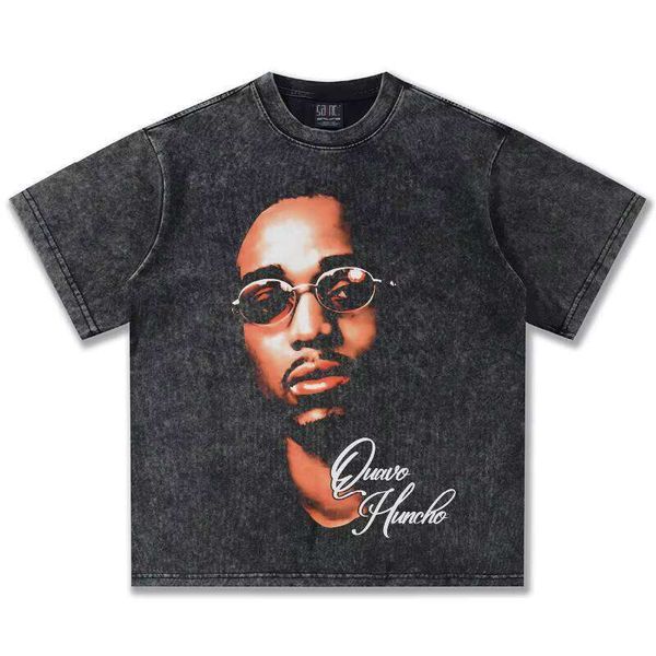 

Quavo 300g 2025 Spring/Summer Series Cross-Border Brand Hip-Hop T-Shirt Old Fashion American Heavy Direct Small Collar Loose, Washed black short sleeve