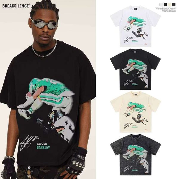 

2025 Spring/Summer Oversized American Football Short Sleeve New Cross-Cultural Heavy Print, Featuring Saquon Barkley T-Shirt, Black short-sleeve