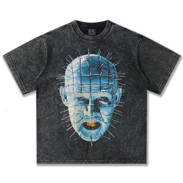 

2025 Spring/Summer American Style New Direct Injection Print Vintage Washed Thick Cotton 300 Short Sleeve Knitted T-Shirt, Washed black short sleeves