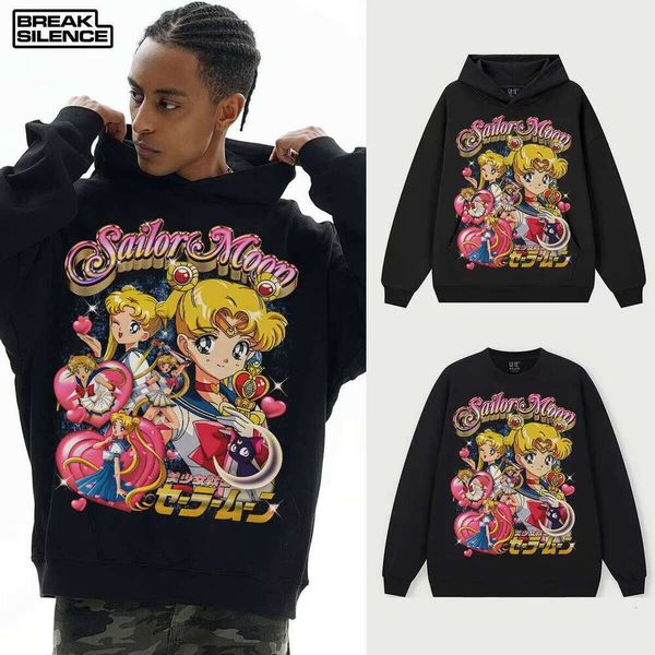 

Unisex Sailor Moon Anime Hoodie Heavyweight Knit Sweatshirt Puff Technology Crossover Direct Print Autumn Winter Loose Fit, Black crew neck sweatshirt