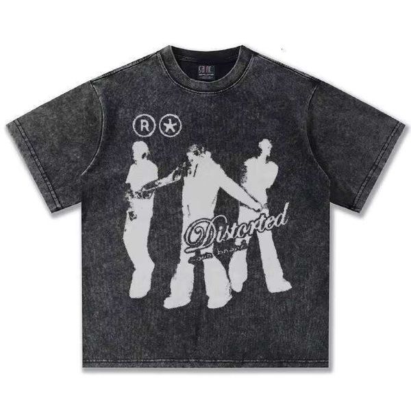 

2025 Summer Heavy Cotton Men's American Style Washed Abstract Body Print Oversized T-Shirt, Washed black short sleeve