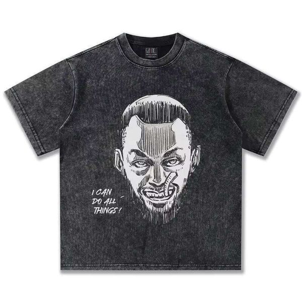 

Summer Old Top Cross-Cultural Curry Hand-Painted Graffiti Short Sleeve American Street Heavy Wash Loose 300g T-Shirt, White short sleeve
