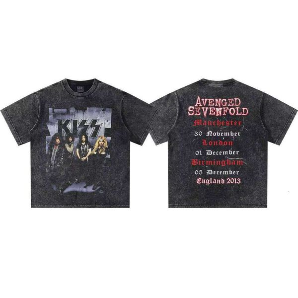 

2025 Spring Summer New Short Sleeve Kiss Rock Band Heavy Washed Unisex Fashion Pure Cotton Oversized T-Shirt, Apricot