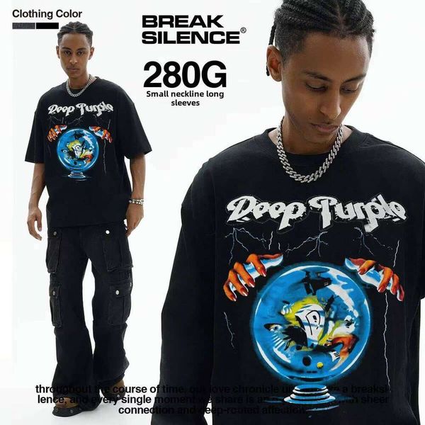 

Dark Purple American Street Style Long Sleeve 100% Cotton Cross-Border Rock Band Print Design Casual Loose T-Shirt, Washed black short sleeve small
