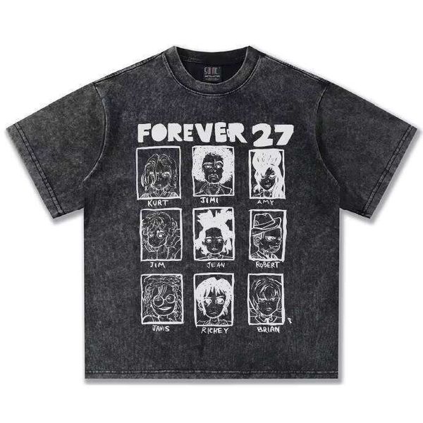 

2025 Summer Elderly American Style Direct Injection Printed Men's Short Sleeve Multiple Cartoon Black and White Heavyweight T-Shirt, White short sleeve