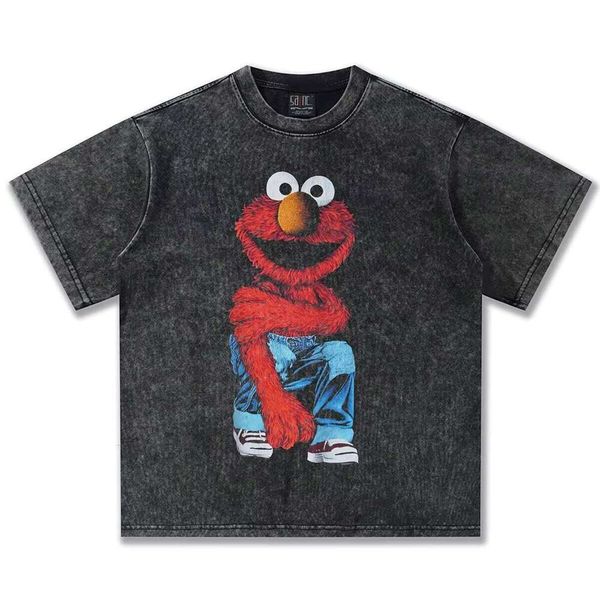 

Spring Summer Men's Short Sleeve New Crossover Sesame Street Anime Print 300g T-Shirt, Black short sleeve